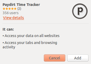 Confirmation dialog before installing Paydirt Time Tracker extension